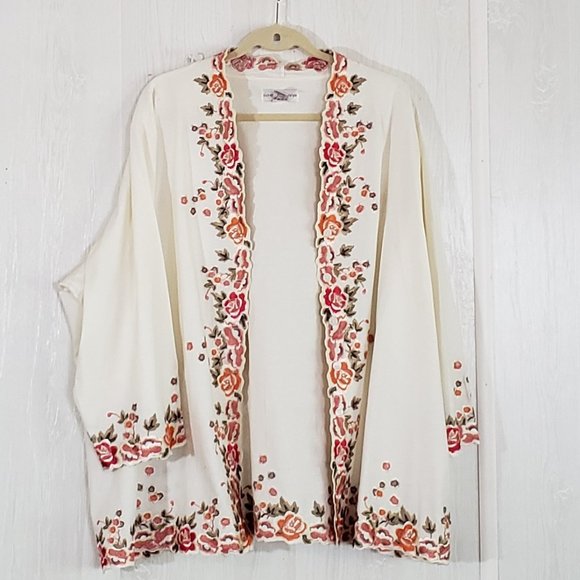 Susan Graver Linen Blend Embroidered Jacket 3X Cream - Picture 3 of 6